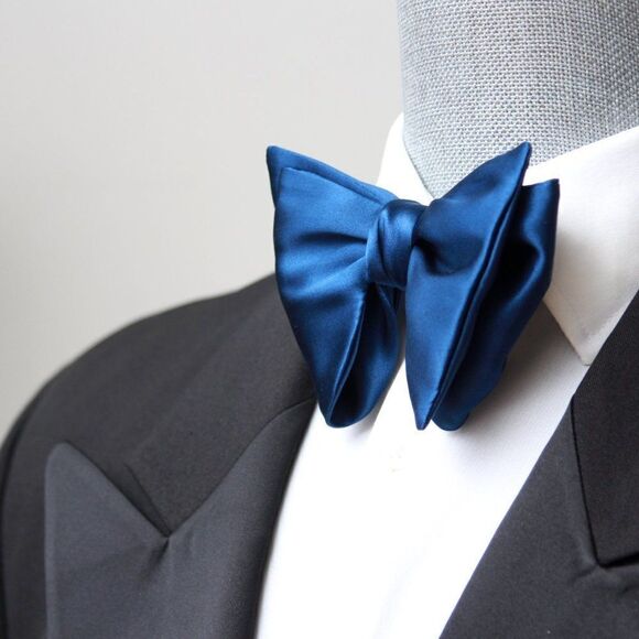 Men's Self-tied Bow Tie 100%Silk Big Butterfly Blue Solid S641 - Picture 11 of 16